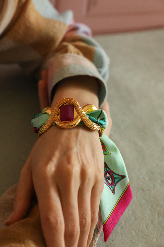 Manchette Caïman avec agate rose et ruban Luckyou, vert deau