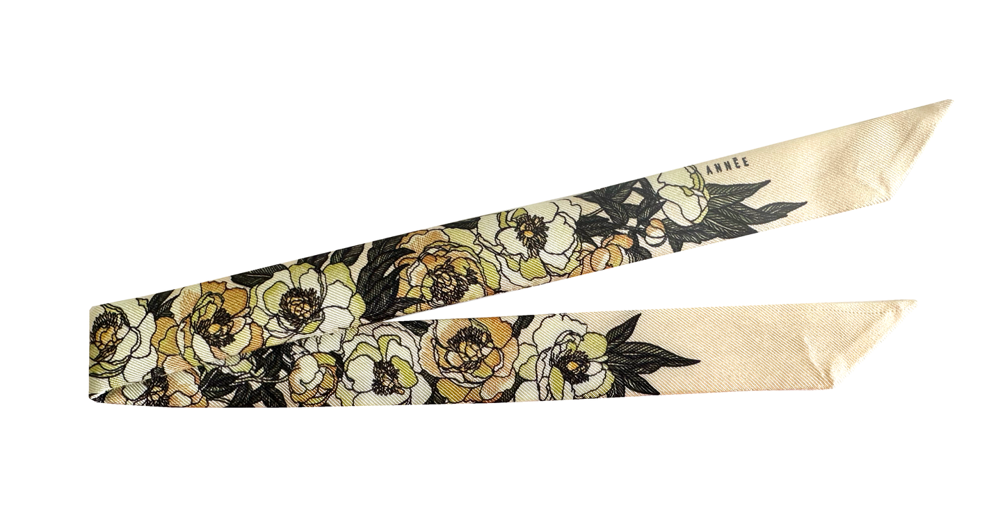 Ruban en soie 1cm Pivoines Neutre