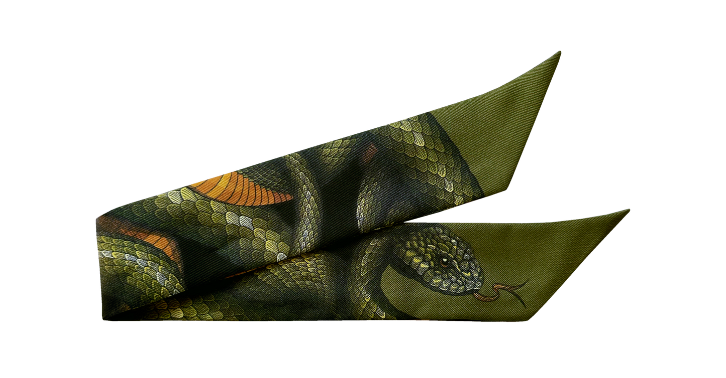 Ruban en soie 4cm Serpents, Kaki