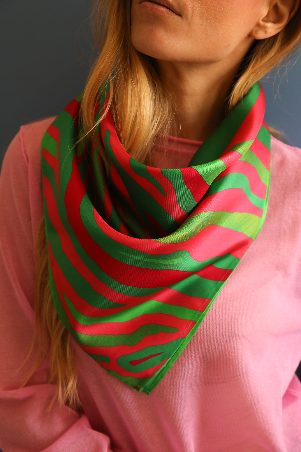 Carré de soie 70cm Zébré, Rose & Vert