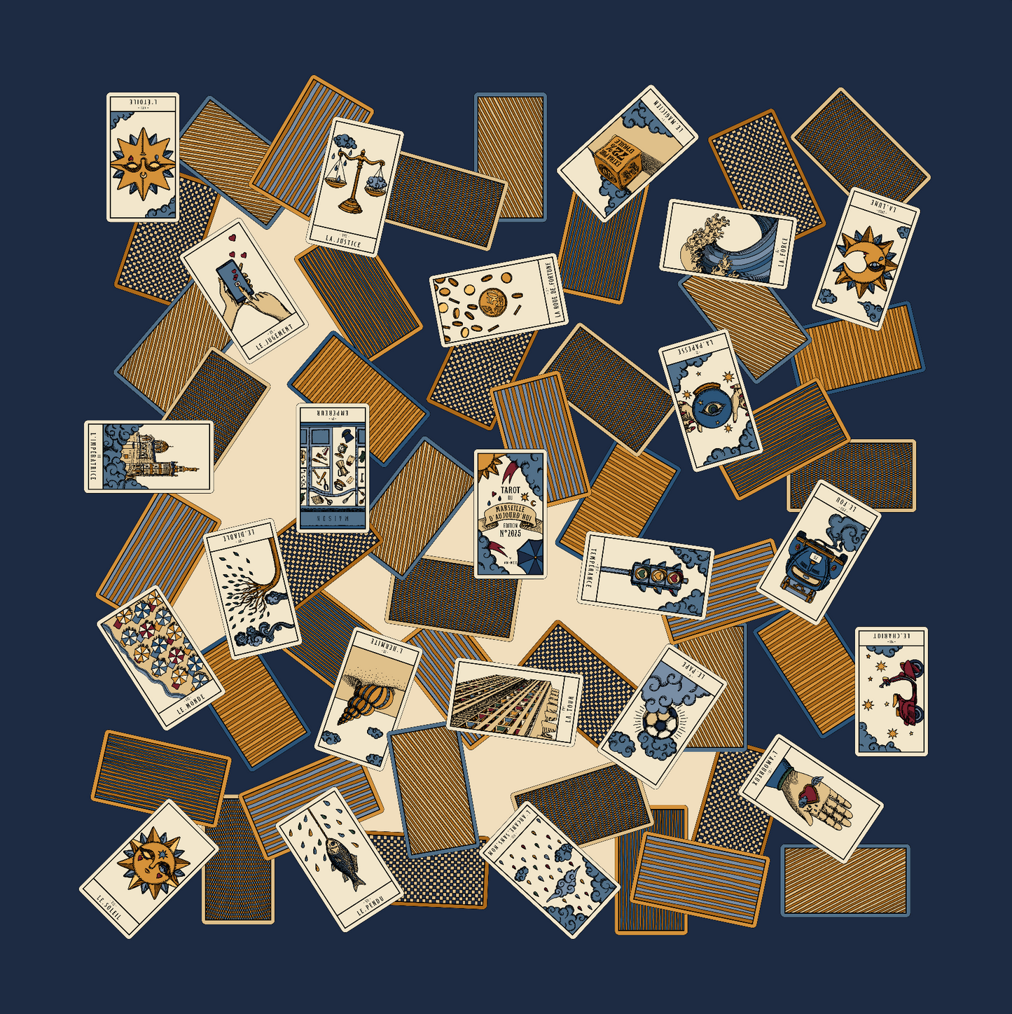 110cm silk square Tarot of Marseille, navy blue