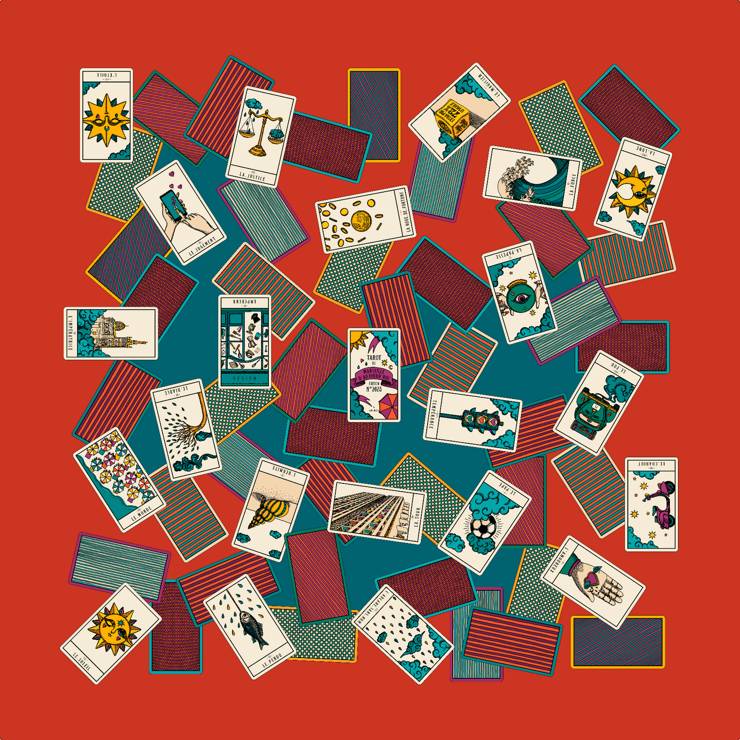 Carré de soie 110cm Tarot de Marseille, multicolore